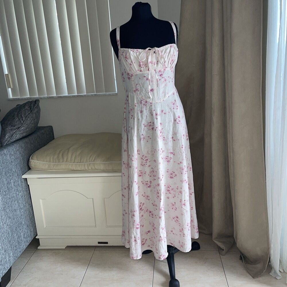 Sim Sam Babydoll Dress Pink Floral Milkmaid Coquette Linen Fairy Cottagecore L - Picture 2 of 9